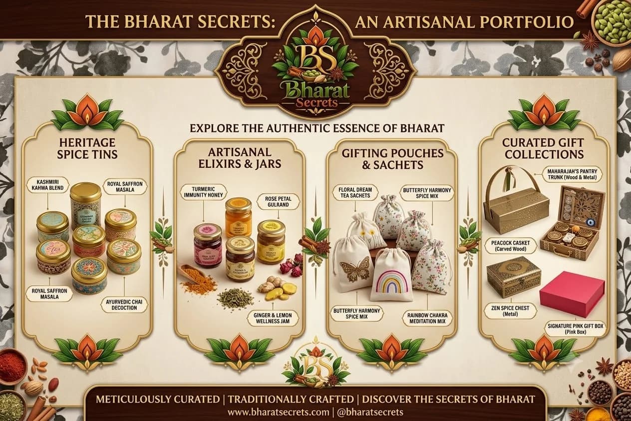 The Bharat Secrets artisanal portfolio: heritage spice tins, artisanal elixirs and jars, gifting pouches and sachets, and curated gift collections