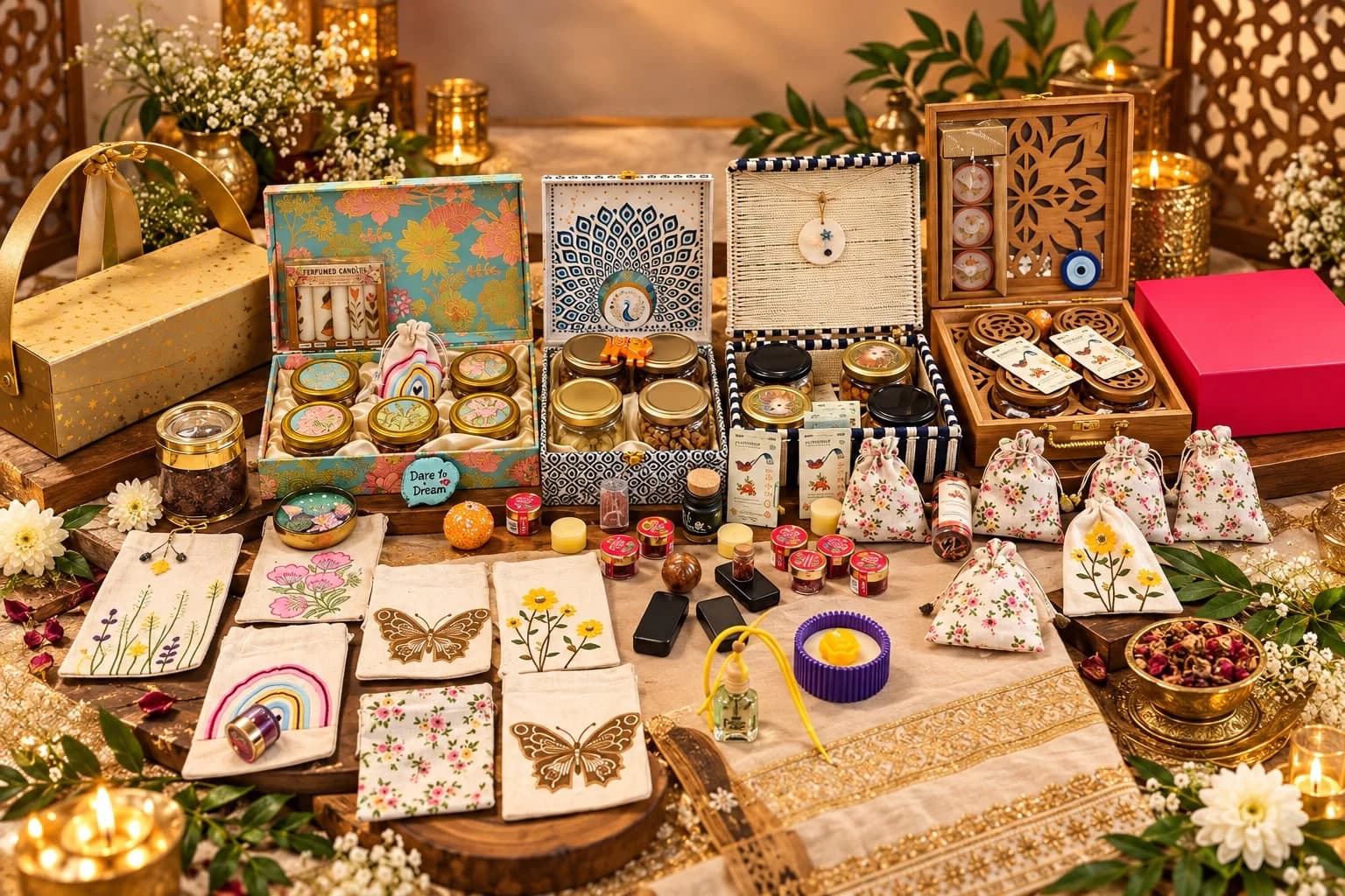 Bharat Secrets gift boxes, jars and embroidered pouches arranged on a festive table