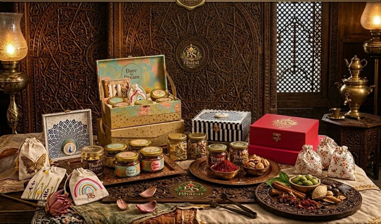 Bharat Secrets jars, caskets and dry fruits displayed in a carved wooden haveli